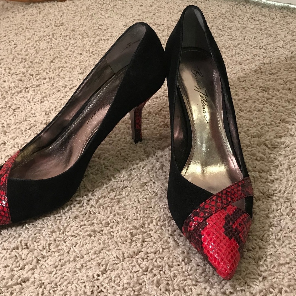 Black suede and Red allegator pumps